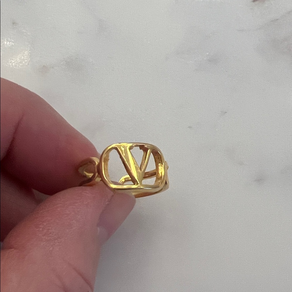 Valentino Gold Tone Size 6 Emblem V Ring